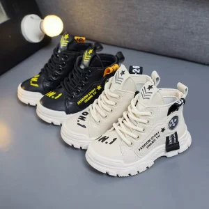 Custom Kids Solid Color Leather Ankle Boots Lace up Non slip Casual Fashion Boots for Boys Girls Winter