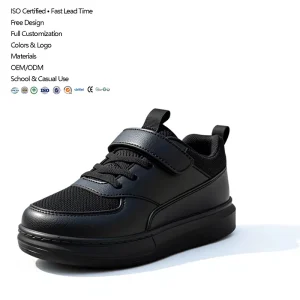 Custom Logo Kids Black Leather Mesh Sneakers with Hook and Loop Strap Thick Sole School Casual Shoes Factory Direct OEM ODM