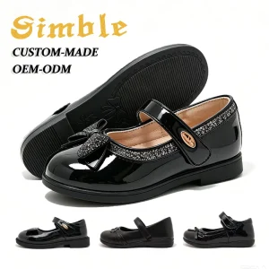 Custom Logo Kids Princess Shoes Cute Hard wearing Glossy PU Leather Black School Shoes with Bow