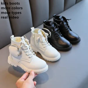 Custom New Fashion Trend Leather Girls Boots Lace-up Children Autumn and Winter Warm Waterproof Kids Boy Ankle Boot