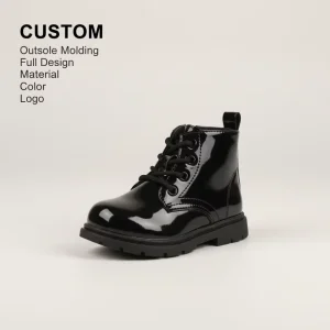 Custom OEM Kids Boots Girls Boys Patent Leather Lace up Side Zipper Casual Winter Ankle Boots