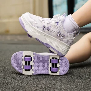 Custom Purple White Butterfly Design Roller Skate Shoes Unisex 4 Wheel With Rotary Buckle For Teenagers