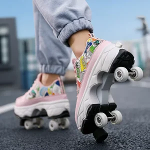 Custom Roller Skate Shoes 2 in 1 Convertible Sneakers with 4 Wheels Pink Graffiti Quad Skates for Kids Adults