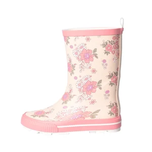 Custom Simple Pink Flower Printing Anti-Slippery Sole Soft Nature Rubber Rain Boots for Girls