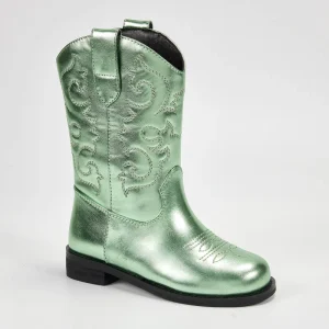 Custom Toddler Shoes Slip on Flat Girls Mid Calf Boots Metallic Green Embroidery Cowgirl Boots Western Kids Cowboy Boots