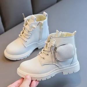 Custom Unisex Black Leather Children Kids Boy Ankle Boots for 13 Year Old Lace Up Girls Winter Boot Slippers
