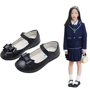 Custom logo Kids Flats School Dress Uniform Daily Round Head School Shoes Leather for Girls Black