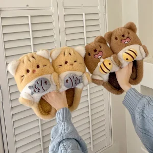 Customize Cute Cat and Fish Indoor Outdoor Plush Slippers Winter Warm Cozy Flat Anti slid for Women Men Lovers Kids
