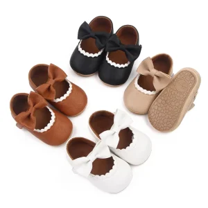 Customize Logo Bowknot Shoes Baby Mary Jane PU Leather PVC Soft Sole Girl Baby Girl Dress Shoes Crib Shoes