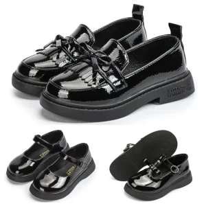 Customized Black Party School Shoes Mary Jane Uniform Soft Rubber Bottom Glossy Black PU Fabric Kids Girl Shoes