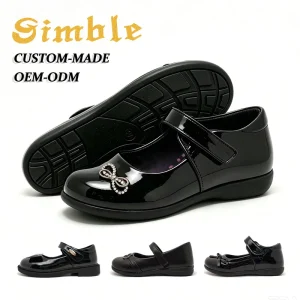 Customized Casual Black Student Shoes Girls Glossy PU Shining Bow Decoration Kids Back to School Shoes