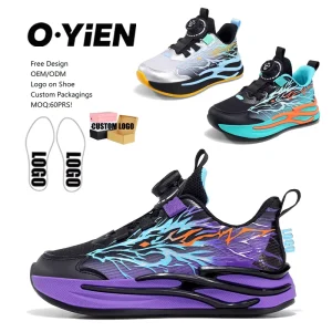 Customized Lightweight Wide Toe Kids Sport Shoes Rotating Button Boy Junior Size Comfortable Breathable Polyester 31 38