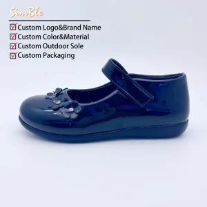 Customized OEM Logo Casual Black School Shoes Anti slip Rubber Cute Flower Kids Girls Glossy Leather Shoes