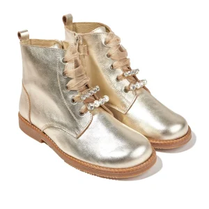 Customized Winter Luxury Ribbon Lace up Gold Leather Soft Comfortable Kids Children Girl School Flat Ankle Boots