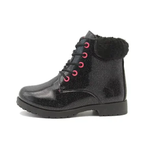 Customized Winter Warm Fur Children Little Girls Black Glitter Leather Boots for Kids Botte Pour Enfants