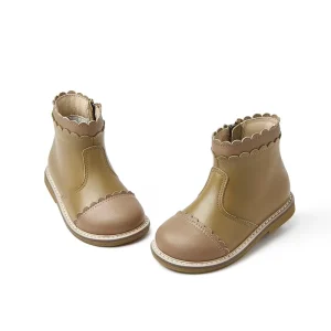 Cute Baby Toddler Kids Ankle Boots Girls Zipper Outdoor Shoes Scalloped Edge Combined Colors Flat Printed Genuine Leather