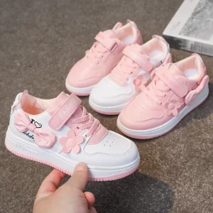 Cute Bowknot Design Pink Girls Sneakers Comfort Daily Shoes Hook and Loop Closure for Easy on Off Lightweight Kids School Shoes