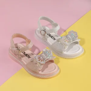 Cute Children Summer Kids Sandals PU Rhinestone Bow Shape Princess Shoes Girls Beach Jelly Sandals