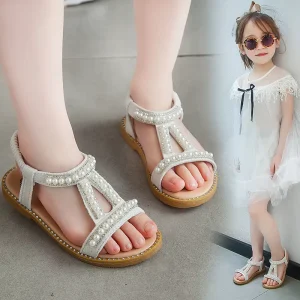 Cute Children Summer Sandals Girls Pearls Beading Soft Platform Kids Casual Open Toe Beach Party Shoes