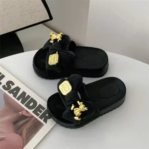 Cute Girls Summer Slippers Floral Bow & Adorable Bear Decor Soft Breathable Kids Sandals for Indoor Outdoor