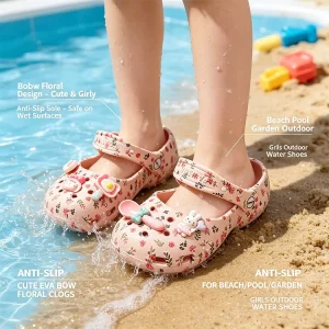 Cute Kids EVA Bow Floral Clogs Anti Slip Beach Pool Garden Sandals for Girls Outdoor Water Shoes