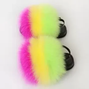 Cute Kids Fur Slippers Fluffy Real Fur Slides Fluffy Real Fox Fur Flip Flops Children’s Lacing Open toe Sandals Shoes