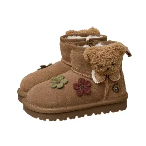 Cute Little Bear Ankle Snow Boots Boys Girls Velvet Leather Thickened Warm Cotton Fur Lined Non-Slip Short Baby Boots