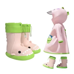 Cute Little Shark Bamboo Kids’ Raincoat Boots Set Adorable Cartoon Design Waterproof Unisex Toddlers School Days