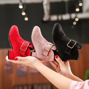 Cute Non Slip Girls Ankle Boots High-heeled Princess Chic Fashion Children Boots Soft Flock Fabric Kids Party Wedding Boots