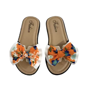 Cute Summer Girls’ PU Slippers with Bowknot Design Fashion Kids Sandals Casual Flat House Style PVC Insole Soft Animal Pattern
