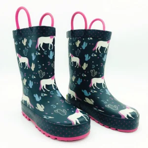 Cute Toddler Rubber Wellington Waterproof Handle Light Weight Kids Rain Boots for All Season Use