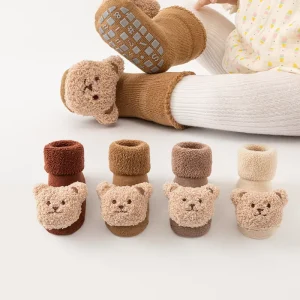 Cute Unisex Toddler Warm Cotton Thickened Plush Floor Anti Slip Socks with 3D Animal Cartoon Fleece Bear Bunny Doll
