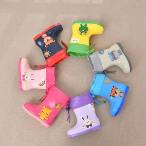 Cute Waterproof Jelly Rain Boots Little Kids Animal Design with Removable PU Collar EVA Insole Comfort Rainyday Shoes Toddler