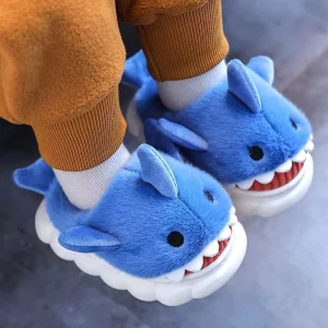 Cute Winter Warm Kids Plush Slippers Unisex Soft Sole Cartoon Shark Design Indoor Outdoor Non slip PVC Outsole House Homewear