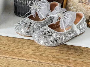 DGirls Sparkly Princess Shoes Silver Sequin Bow Kids Party Dress Flats