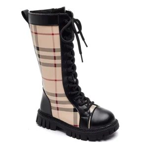 Daily Life Checked Grain Ankle Boots for Girls Flat Children Knee High Boots Fashion Winter Kids Boots Casual Shoes