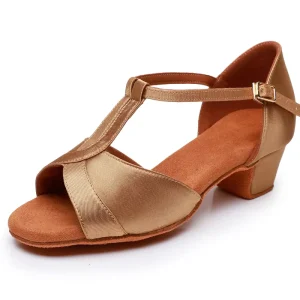 Dark Brown Satin Kids Dance Shoes Low Heel Girls Practice Dance Sandal Strap Basic Salsa Dance Shoes