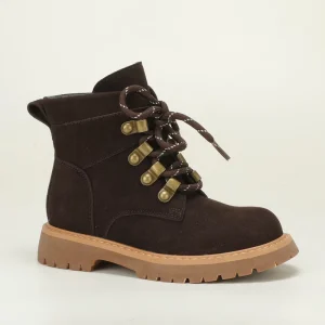 Dark Brown Suede Lace up Kids Martin Boots Side Zipper Lug Sole Anti slip Fall Winter Boys Girls Outdoor Work Ankle Boots