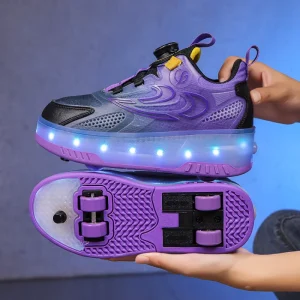 Deformation Roller Skates Shoes for Kids 4 Wheels Park Roller Sneakers Boys Girls Gift LED Indicator TPR Outsole Lycra Upper