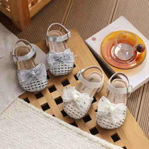 Delicate Woven Craftsmanship Girls Toddler Open Toe Sandals With Bow Decor for Daily Wear Party Princess Footwear