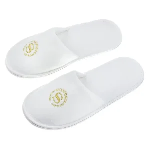 Disposable White Luxury Guesthouse Hotel Slippers with Gold Embroidery Logo Cotton Material