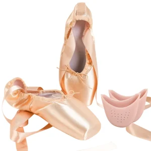 EU and US in Stock Ballet Slippers with Ribbons and Toe Pads for Girls and Women Rose Gold Pointe Dance Shoes