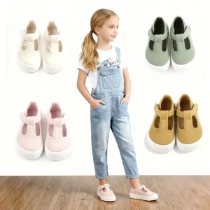 Eco-friendly Canvas T-Bar Kids Shoes Wide Toe Box Durable Rubber Soles Non-slip Dress Shoes for Girls in Summer