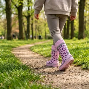Eco-friendly Kids Rain Boots Natural Rubber Customizable Logo Pattern Drawstring Cuff Plush Lined All Weather Children Boots