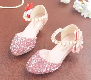 Elegant Children’s Princess Girl’s Crystal Kid Dance Performance Girl Leather Shoes With High Heels