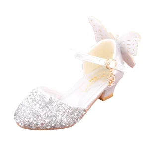 Elegant Children’s Princess Girl’s Crystal Shoes Kid Dance Performance Shoes Silver Girl Leather Shoes with High Heels