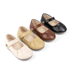 Elegant Kids Mary Jane Flats Ruched Surface & Shiny Bead Trim Multiple Colors Kid Dress Children Shoes