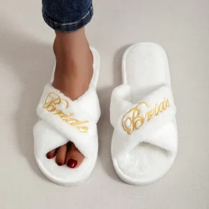 Embroidered Fur Plush Light Weight Soft Warm for Women Home Indoor Floor Non slip Closed Toe Winter for