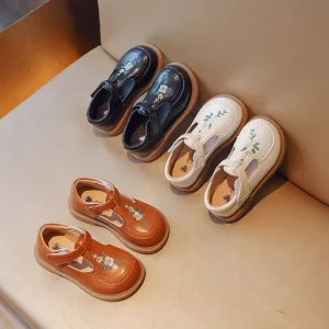 Embroidery Flower Kids Shoes PU Princess Flat Girls Shoes Soft Sole Non-Slip Comfortable Lightweight Cute Toddler Flat Shoes