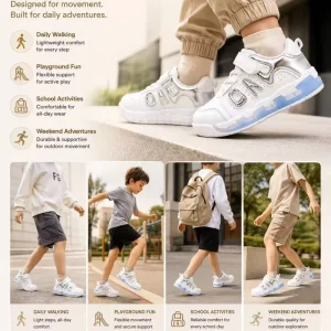 Energetic Breathable PU Leather White Sneakers for Kids Shock absorbing Sole Lightweight Comfort Fit for Running Daily Play